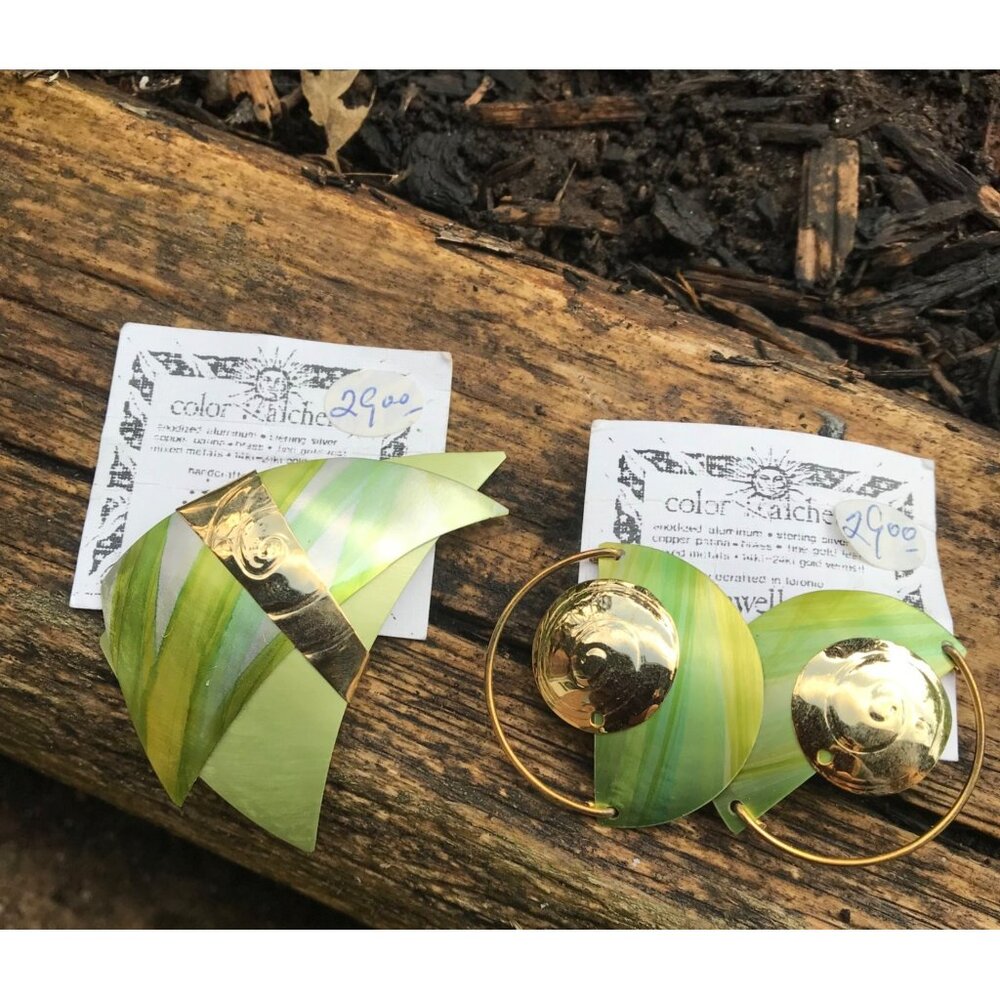 Vintage Style Gold & Green Stripe Leaf  Earrings and Brooch  Stunning